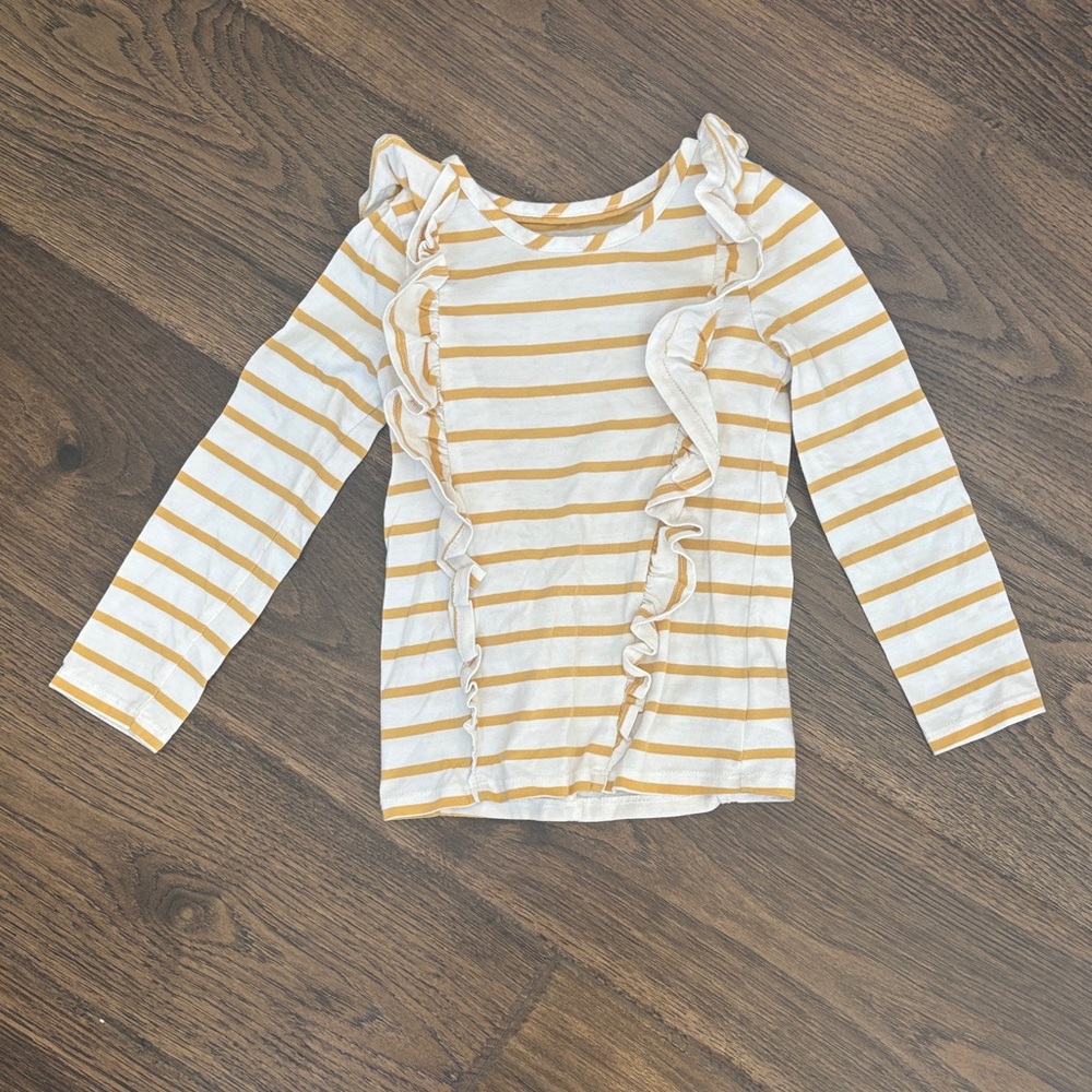 Max Studio Yellow and White Striped Ruffle Long Sleeve Tee